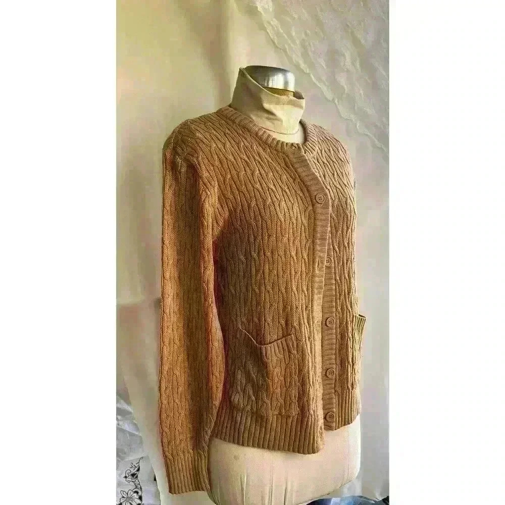 tan librarian cardigan Empire‎ knitwear Gene Stuart original acrylic womens M